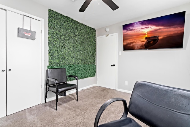 living area with carpet and ceiling fan