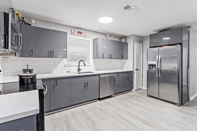 kitchen featuring gray cabinetry, sink, decorative backsplash, light hardwood / wood-style floors, and stainless steel appliances