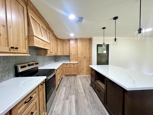 kitchen with tasteful backsplash, stainless steel electric range oven, light hardwood / wood-style flooring, and pendant lighting