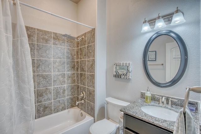 full bathroom with shower / bath combination with curtain, toilet, and vanity