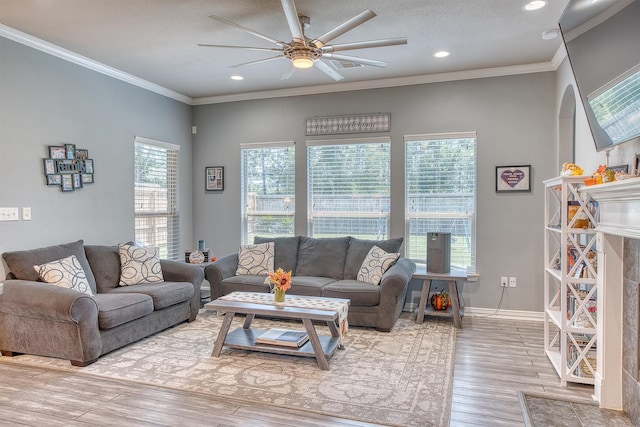 living room with crown molding, a fireplace, ceiling fan, and hardwood / wood-style flooring