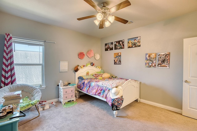 carpeted bedroom featuring ceiling fan