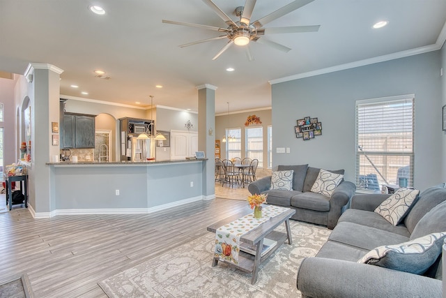 living room featuring ceiling fan, ornamental molding, and light wood-type flooring