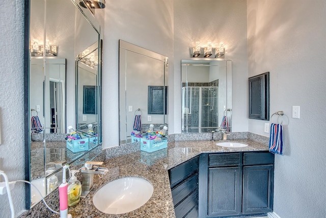 bathroom with vanity and a shower with shower door