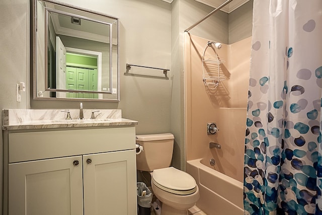 bathroom with vanity, toilet, and shower / bathtub combination with curtain