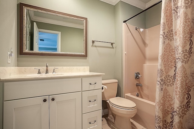 bathroom featuring toilet, crown molding, shower / tub combo with curtain, and vanity