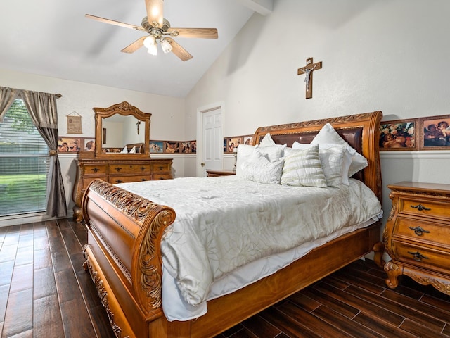 bedroom with vaulted ceiling with beams and ceiling fan