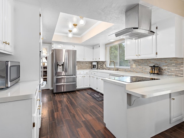 kitchen featuring island exhaust hood, appliances with stainless steel finishes, kitchen peninsula, a tray ceiling, and white cabinetry