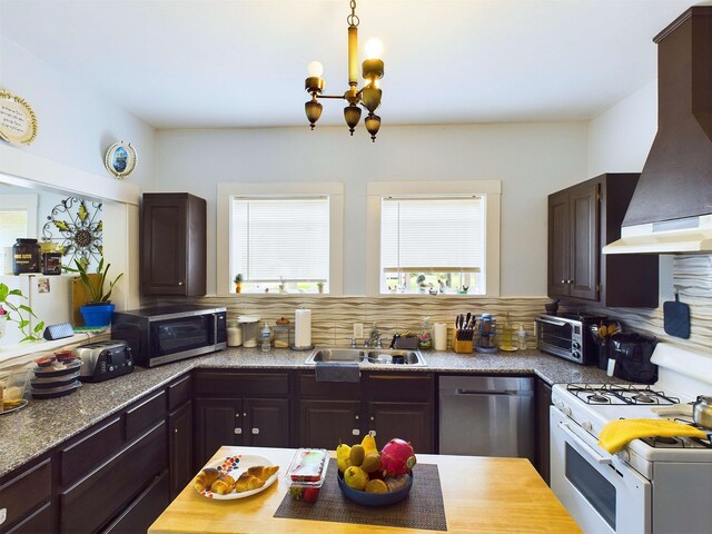 kitchen featuring sink, wall chimney exhaust hood, decorative backsplash, appliances with stainless steel finishes, and dark brown cabinets