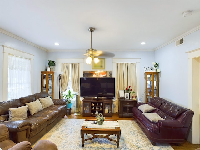 living room with ceiling fan, wood-type flooring, and crown molding