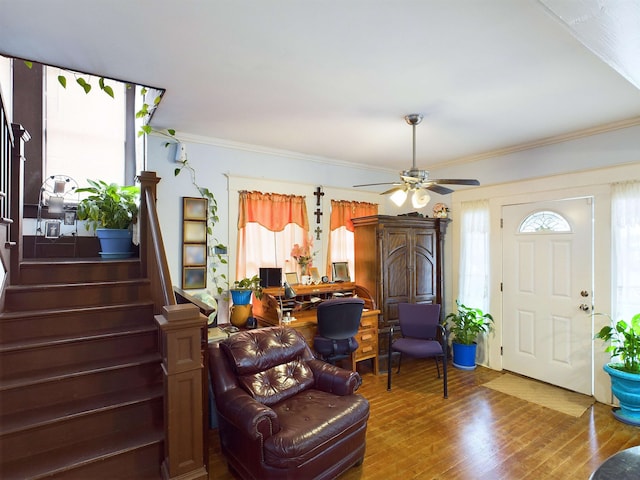 living room with wood-type flooring, ceiling fan, and crown molding