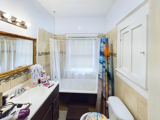 full bathroom with vanity, toilet, and shower / bathtub combination with curtain