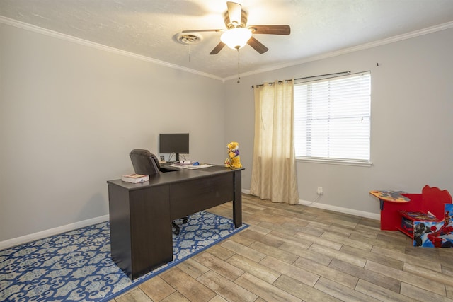 4715 Regina Ln, Beaumont, TX 77706 - home office with ceiling fan, wood finished floors, and ornamental molding