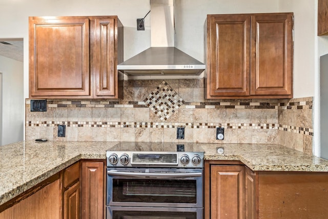 1385 Howell St, Beaumont, TX 77706 - kitchen featuring wall chimney exhaust hood, stainless steel electric range, backsplash, and brown cabinets