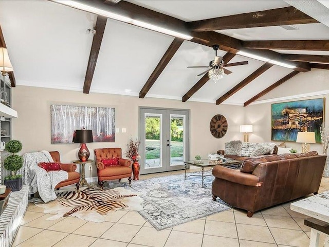 living room with vaulted ceiling with beams, ceiling fan, french doors, and light tile patterned flooring