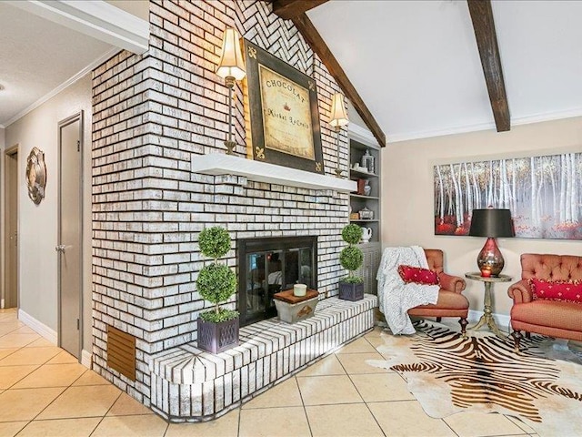 living room with light tile patterned floors, lofted ceiling with beams, a brick fireplace, and built in shelves