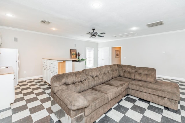 living room with crown molding and ceiling fan