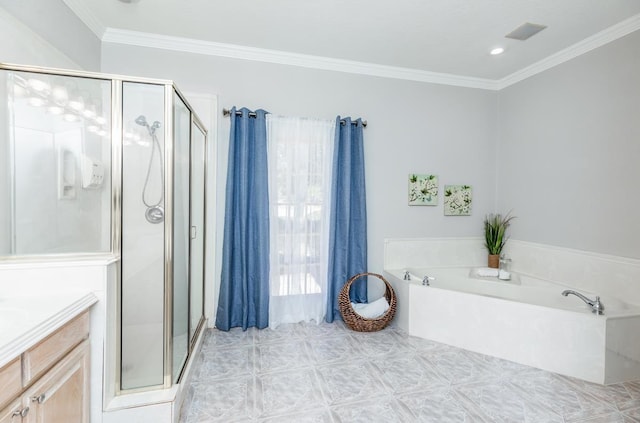 bathroom with vanity, separate shower and tub, and ornamental molding