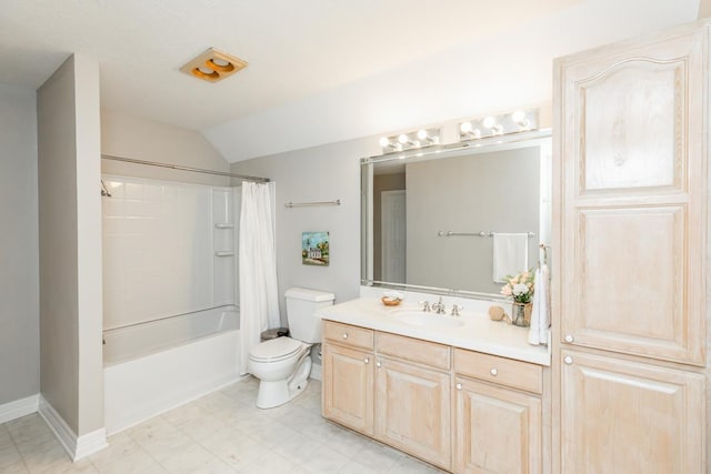 full bathroom with vanity, toilet, shower / bathtub combination with curtain, and vaulted ceiling