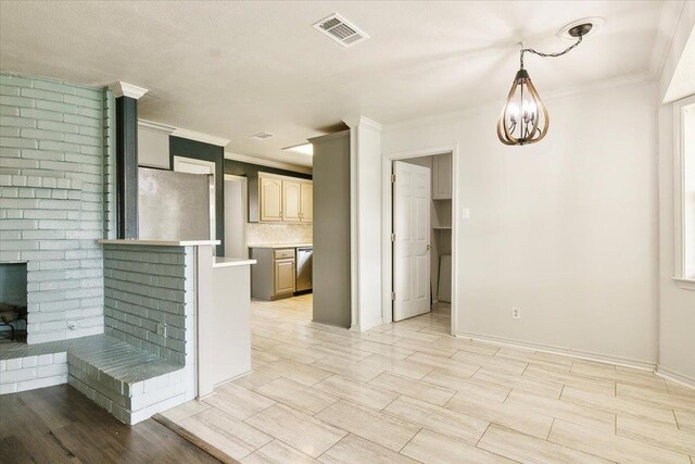 interior space with light hardwood / wood-style floors and crown molding