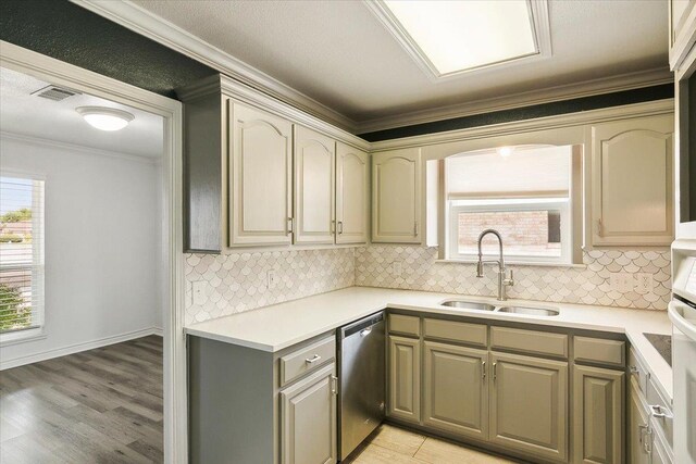 kitchen with tasteful backsplash, crown molding, sink, and stainless steel dishwasher