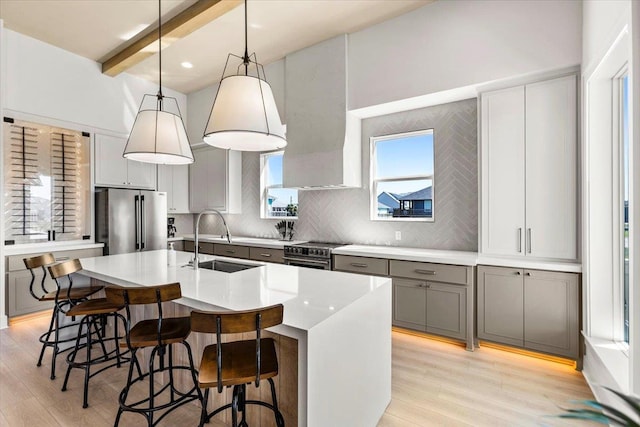 kitchen with sink, stainless steel appliances, beamed ceiling, pendant lighting, and a center island with sink