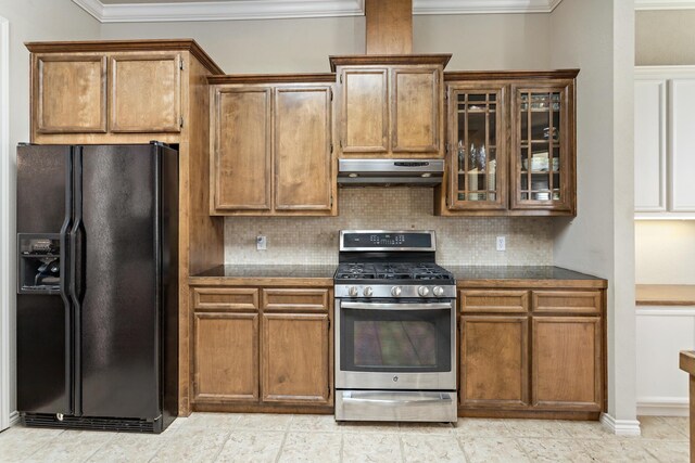 kitchen featuring decorative backsplash, black refrigerator with ice dispenser, stainless steel gas stove, and crown molding