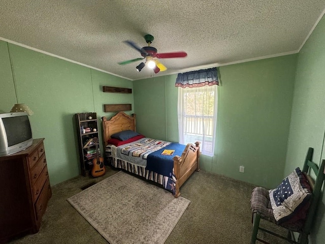 bedroom with ceiling fan, crown molding, a textured ceiling, and dark colored carpet