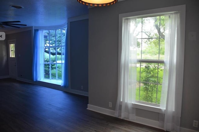 empty room featuring ceiling fan and dark hardwood / wood-style flooring