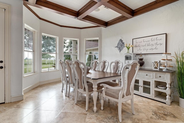 dining room featuring beam ceiling, crown molding, and coffered ceiling