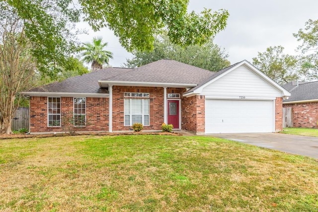 single story home featuring a front yard and a garage