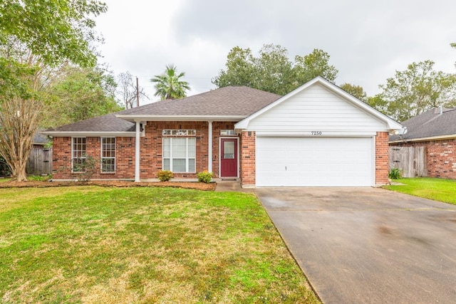 ranch-style house with a garage and a front lawn