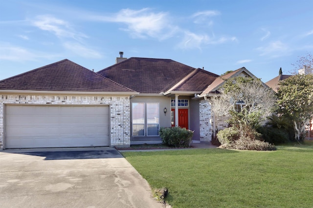 view of front of property with a garage and a front lawn