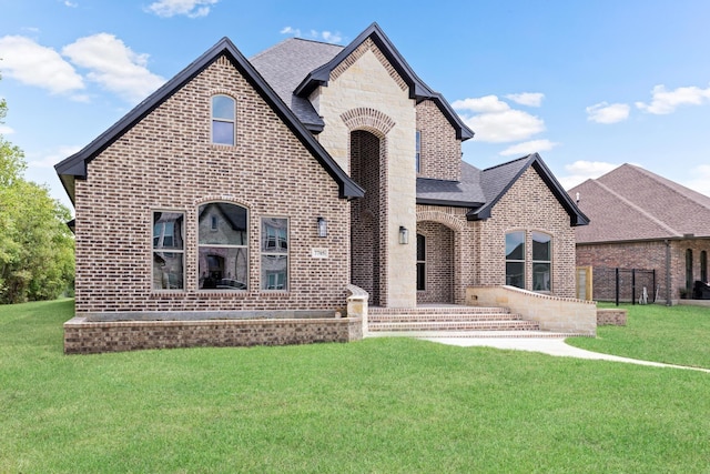 7705 Water Edge, Beaumont, TX 77707 - french country style house featuring brick siding, a front yard, stone siding, and a shingled roof