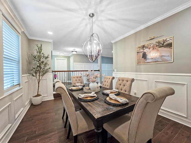 dining area featuring an inviting chandelier, dark wood-style flooring, plenty of natural light, and a decorative wall