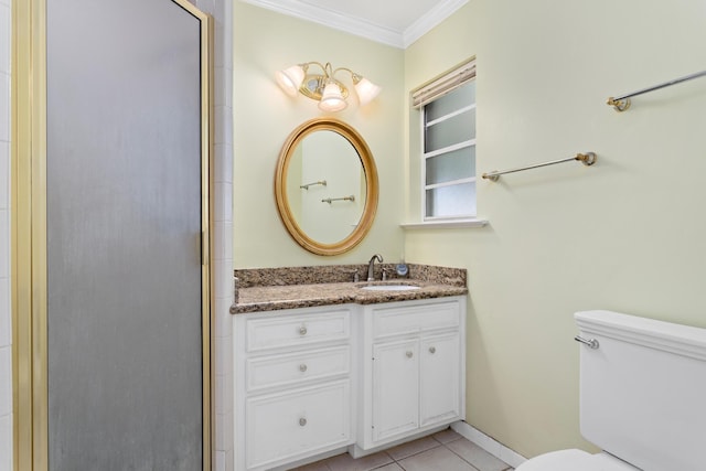 bathroom with vanity, a shower with door, tile patterned floors, toilet, and ornamental molding