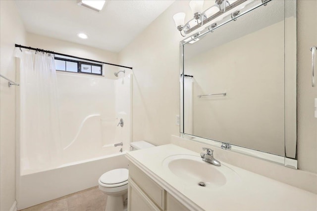 bathroom featuring shower / bath combination, tile patterned flooring, vanity, and toilet