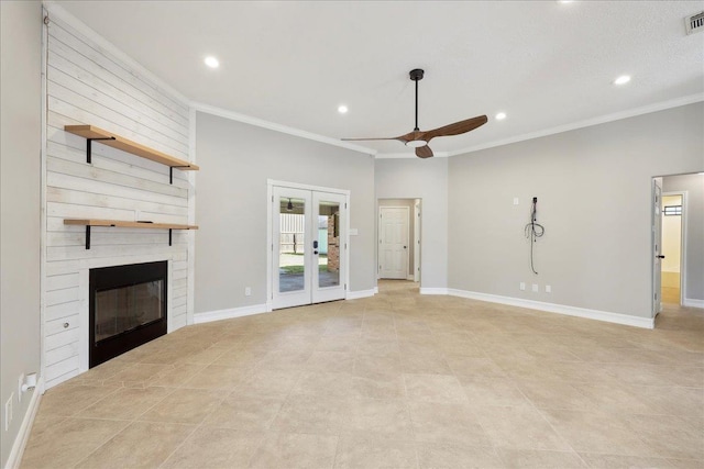 unfurnished living room with crown molding, french doors, visible vents, and baseboards