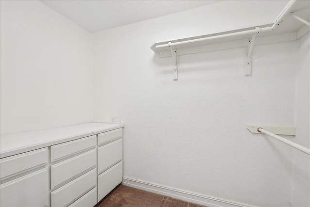 walk in closet featuring dark colored carpet