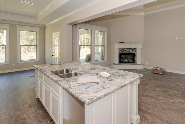 kitchen with a premium fireplace, light stone countertops, a kitchen island, sink, and white cabinetry