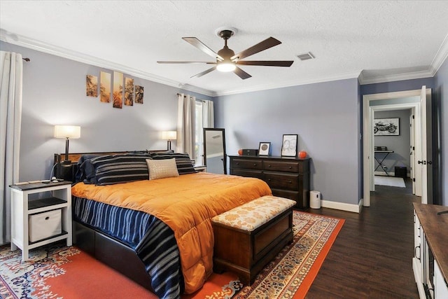 5880 Longwood St, Beaumont, TX 77707 - bedroom with dark wood-style floors, crown molding, baseboards, ceiling fan, and a textured ceiling
