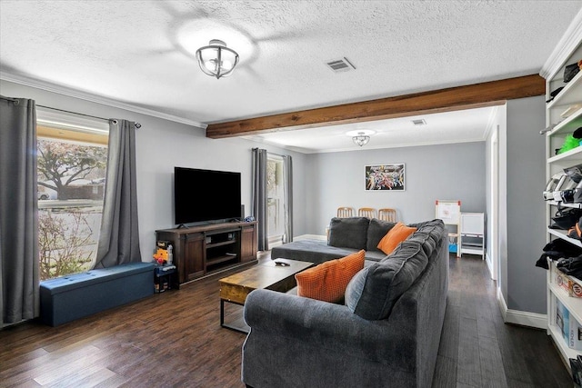 5880 Longwood St, Beaumont, TX 77707 - living area featuring dark wood-type flooring, beam ceiling, crown molding, a textured ceiling, and baseboards
