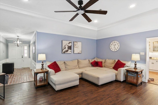 5880 Longwood St, Beaumont, TX 77707 - living room featuring ornamental molding, a ceiling fan, hardwood / wood-style floors, recessed lighting, and a chandelier