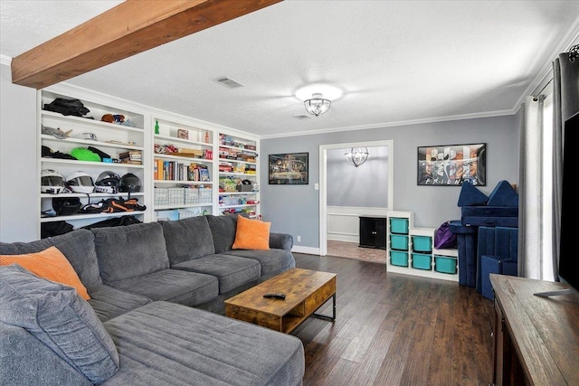 5880 Longwood St, Beaumont, TX 77707 - living area featuring dark wood-type flooring, ornamental molding, and a textured ceiling