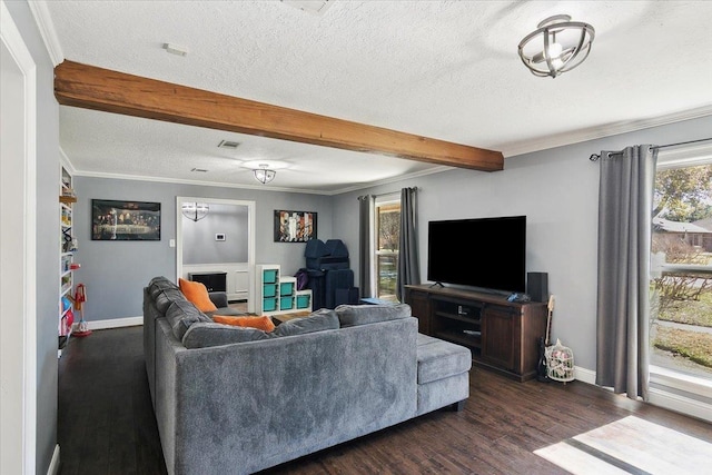 5880 Longwood St, Beaumont, TX 77707 - living area with beam ceiling, dark wood-style flooring, baseboards, a textured ceiling, and ornamental molding