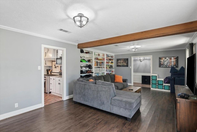 5880 Longwood St, Beaumont, TX 77707 - living room featuring dark wood-style flooring, ornamental molding, a textured ceiling, baseboards, and beam ceiling
