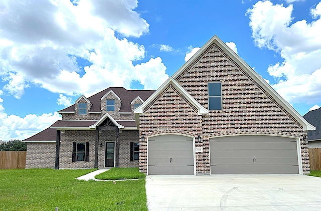 view of front of house with fence, a front lawn, concrete driveway, and brick siding