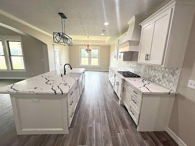 kitchen featuring light stone counters, white cabinets, a large island, custom exhaust hood, and a raised ceiling