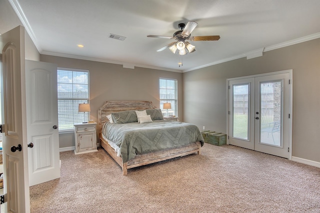 232 Spring Brook Ct, Lumberton, TX 77657 - bedroom with access to outside, ornamental molding, light carpet, multiple windows, and french doors