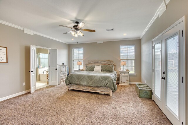 232 Spring Brook Ct, Lumberton, TX 77657 - bedroom featuring light carpet, ornamental molding, baseboards, ceiling fan, and ensuite bathroom